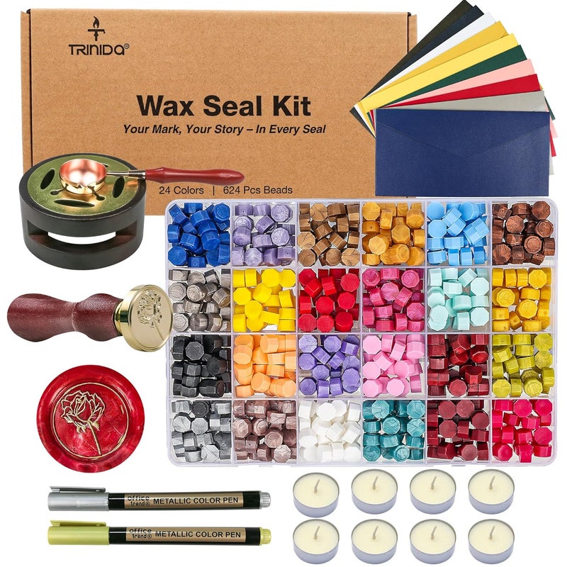 TRINIDa Wax Seal Kit, Premium Wax Seal Stamp Kit with 24 Colors 624 Pcs Beads, Metallic Pens, Warmer, Spoon and Tea Candles for Wedding Invitation, Letter Envelope, Gift Cards & DIY Crafts - Image 1